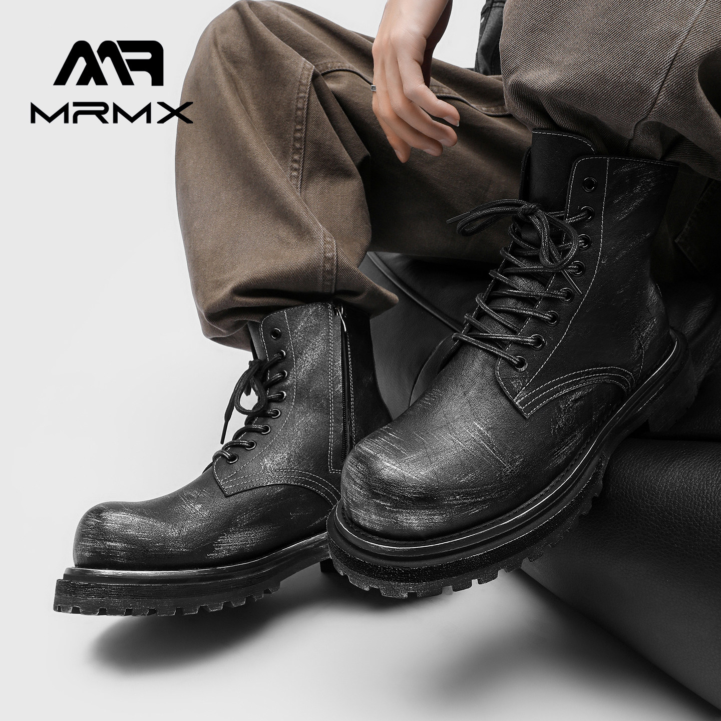 MRMX2025新款厚底增高中筒复古真皮男款短靴黑色冬季高帮马丁靴男,流行男鞋,马丁靴,淘宝优惠券,粉丝福利购,淘宝优惠卷