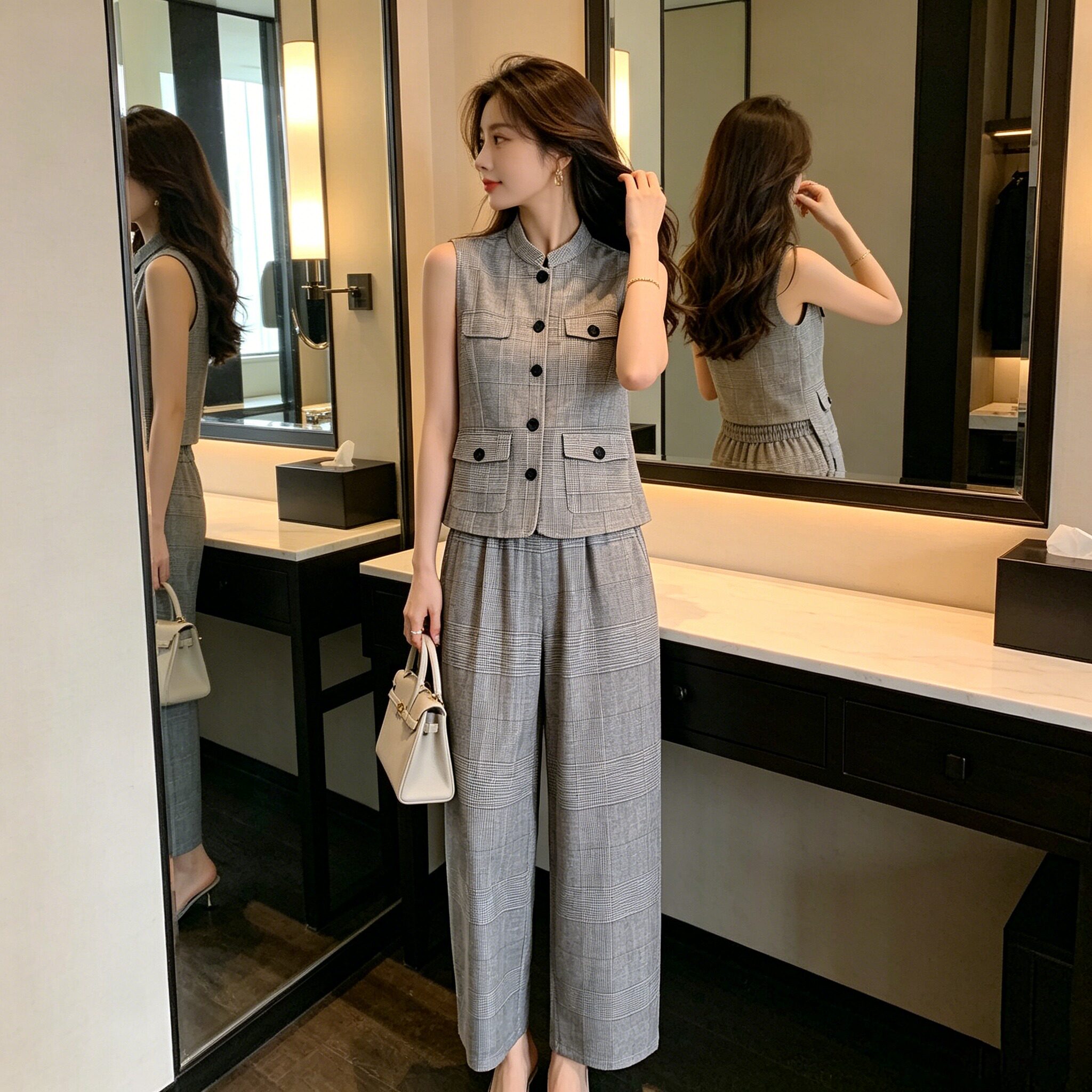 轻奢老钱风灰色立领亚麻马甲裤子套装女复古百搭休闲高级感两件套