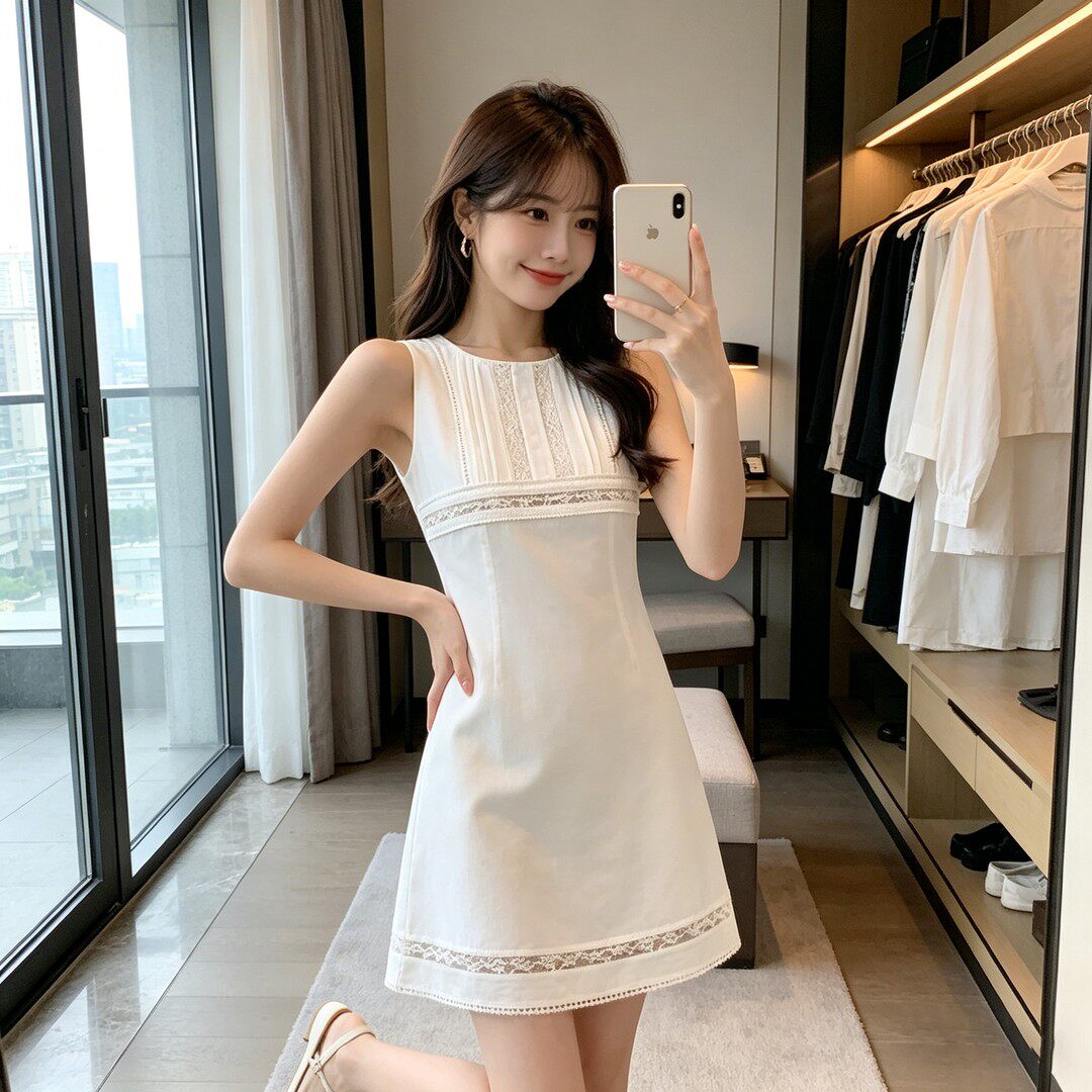 韩系蕾丝拼接白色短袖连衣裙女夏季新款小个子气质显瘦时尚裙子