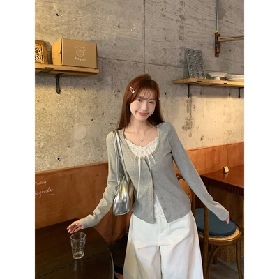 morning bloom波点假两件长袖T恤新款长袖t恤女小众设计感上衣女