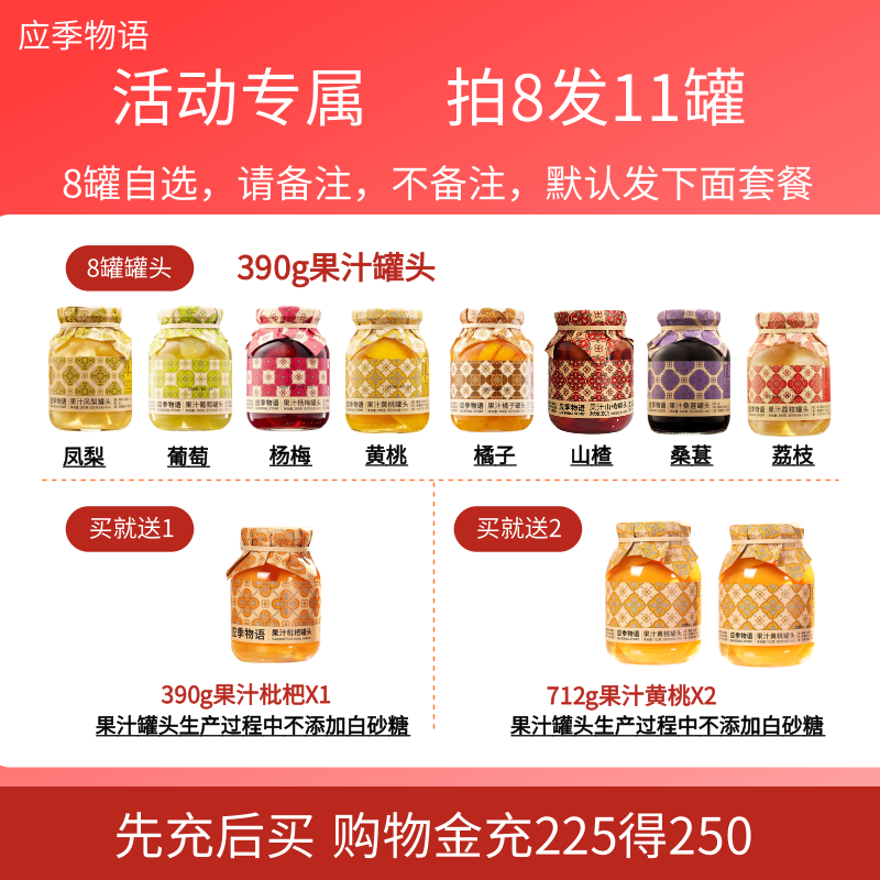 【拍8发11罐】应季物语黄桃橘子葡萄凤梨枇杷荔枝杨梅果汁罐头8罐