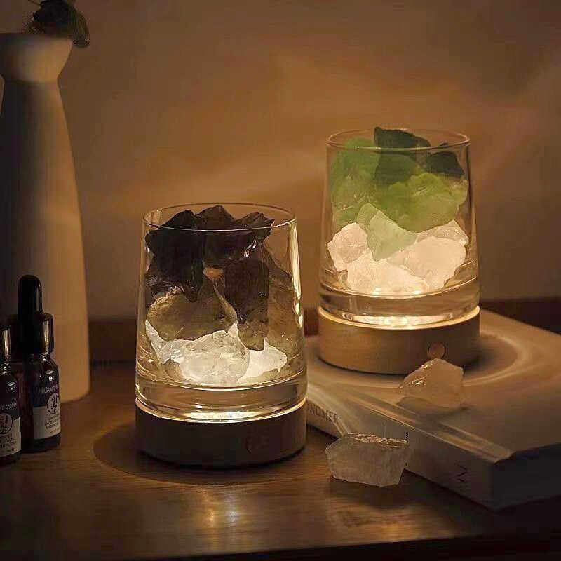女卧室香薰盒香氛精油收纳罐天然扩香水晶石储物杯罐发光底座摆件