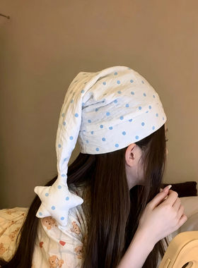 波点星星睡帽尖尖帽可爱女款空调房护头防风防着凉不压头发月子帽