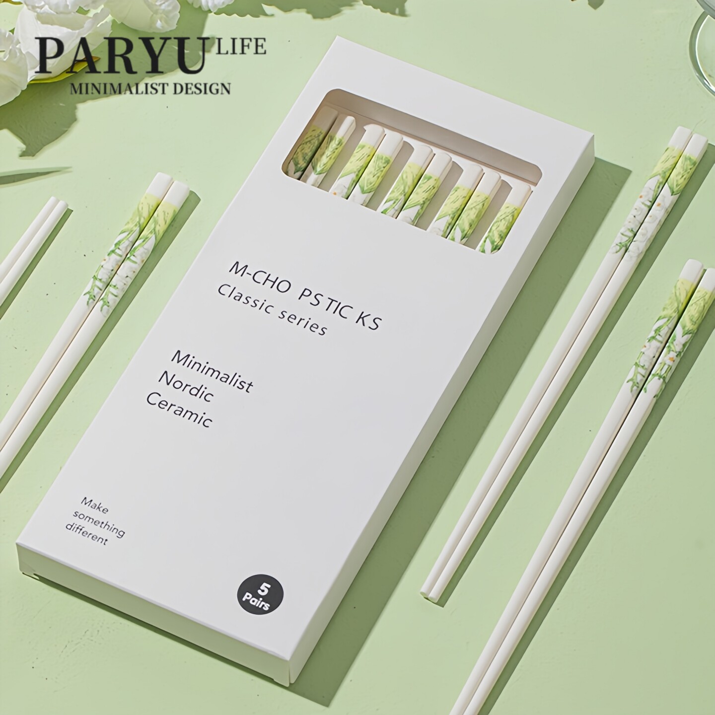 PARYU新款绿铃兰陶瓷筷子家用防霉耐高温防滑餐具一人一筷礼盒装