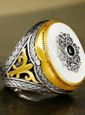 欧美镶嵌天然珍珠母贝戒指男士复古宫廷风个性指环