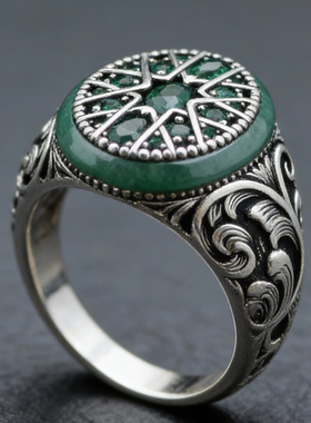 复古风男士戒指做旧绿宝石星芒工艺指环小众设计潮男配饰拍戏饰品