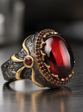 欧美时尚复古戒指男 红宝石百搭花纹双色戒指手饰指环