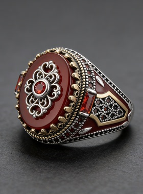 欧美饰品 几何椭圆黑色亚克力戒指 男士个性复古双色皇冠指环