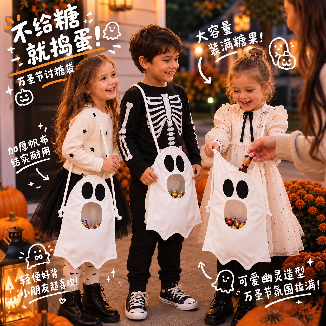 不给糖就捣蛋！万圣节幽灵讨糖袋捣蛋鬼糖果袋子幼儿园儿童手提袋