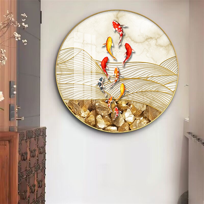 现货速发九鱼聚财圆形装饰画入户玄关客厅走廊尽头挂画富贵有余好图片