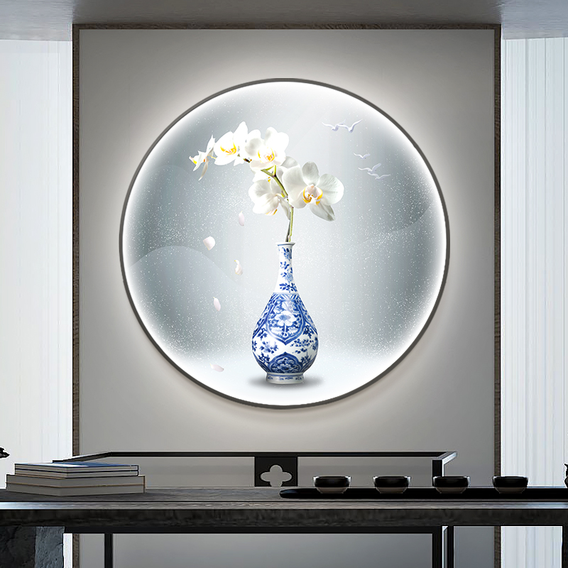现货速发青花瓷入户玄关装饰画新中式圆形挂画灯画客厅茶室壁画进图片