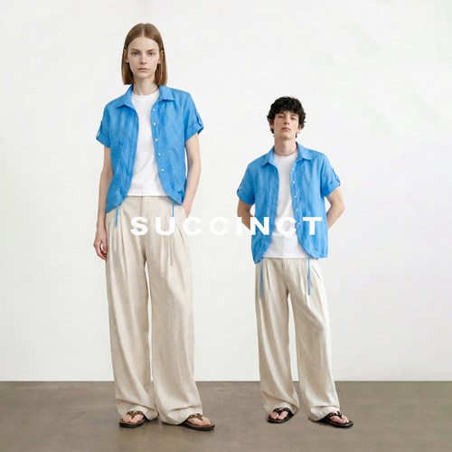 Succinct“澜” 扎蚕丝显白透气抽绳调节合身春夏卷袖衬衫短袖