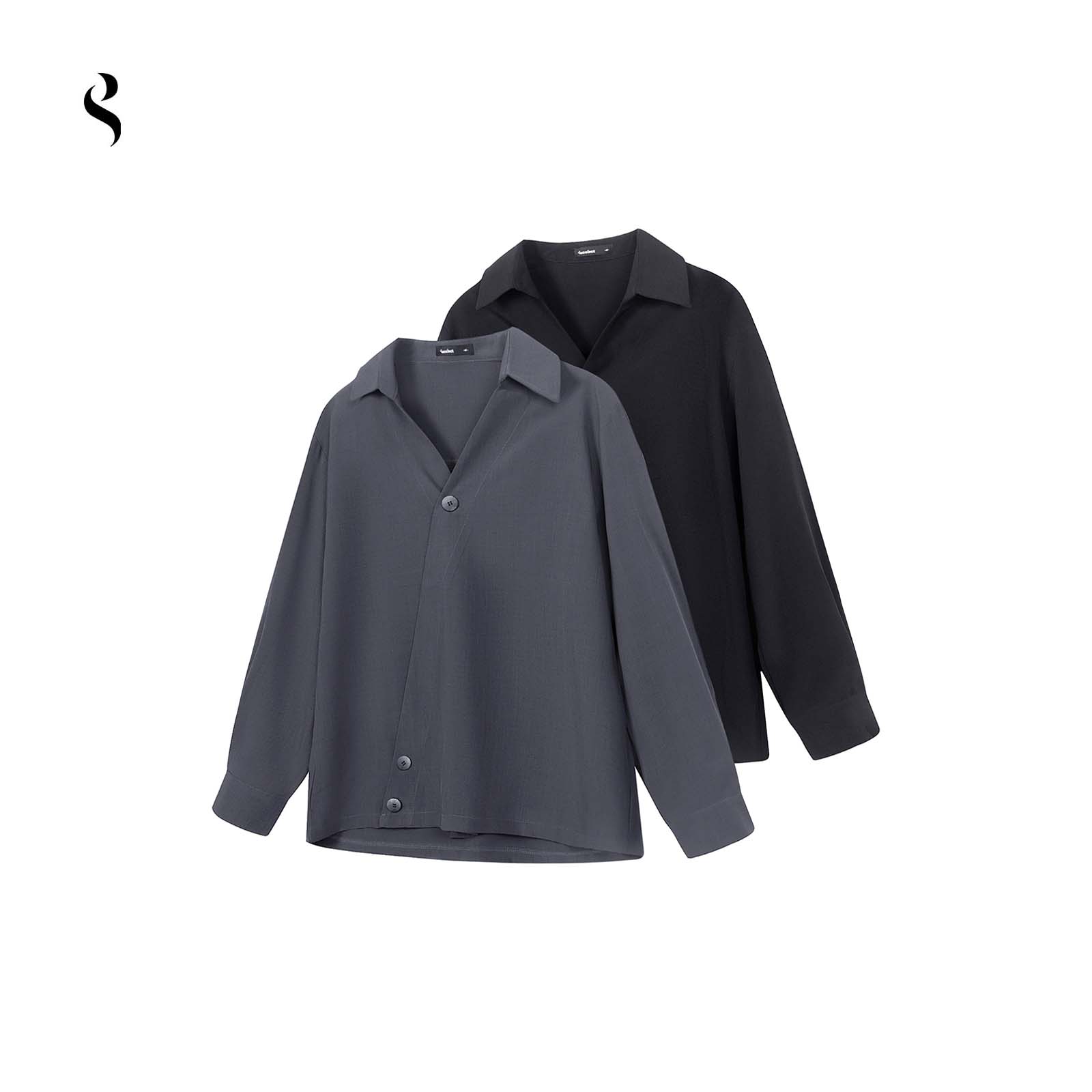 Succinct“斜”翻领斜门襟纽扣TR长袖衬衫可调节下摆夏季V领长袖