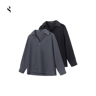 Succinct“斜”翻领斜门襟纽扣TR长袖衬衫可调节下摆夏季V领长袖