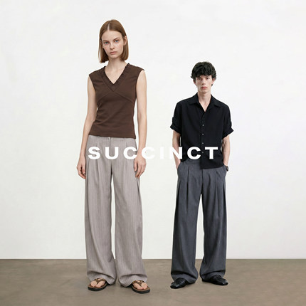 Succinct“赋”剑道三角双褶多纽扣条纹A字微阔直筒长裤西裤