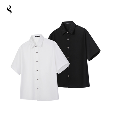 Succinct“永”永生花纽扣万针刺绣浮雕短宽衬衫夏季垂感薄款短袖