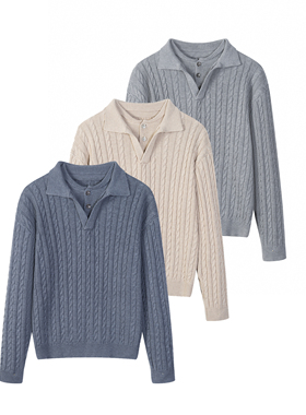 Succinct“麻”羊毛编织麻花双层海鸥领针织毛衣秋冬老钱风长袖