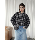 EyesMag 女早秋设计感 衬衫 黑白格泡泡纱 纯棉拼色毛边宽松长袖