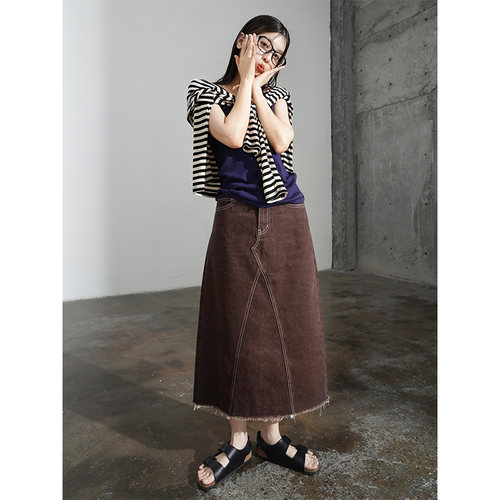 EyesMagA字水洗毛边牛仔半身裙