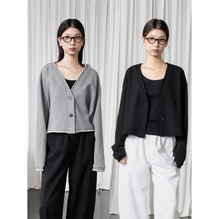 黑色 EyesMag 早秋 宽松卫衣女开衫 花灰 纯棉毛圈面料复古卷边短款