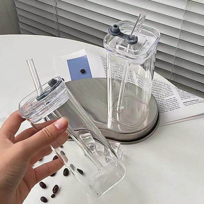 高硼硅玻璃杯耐热透明便携吸管杯简约透明水杯家用夏季饮料杯