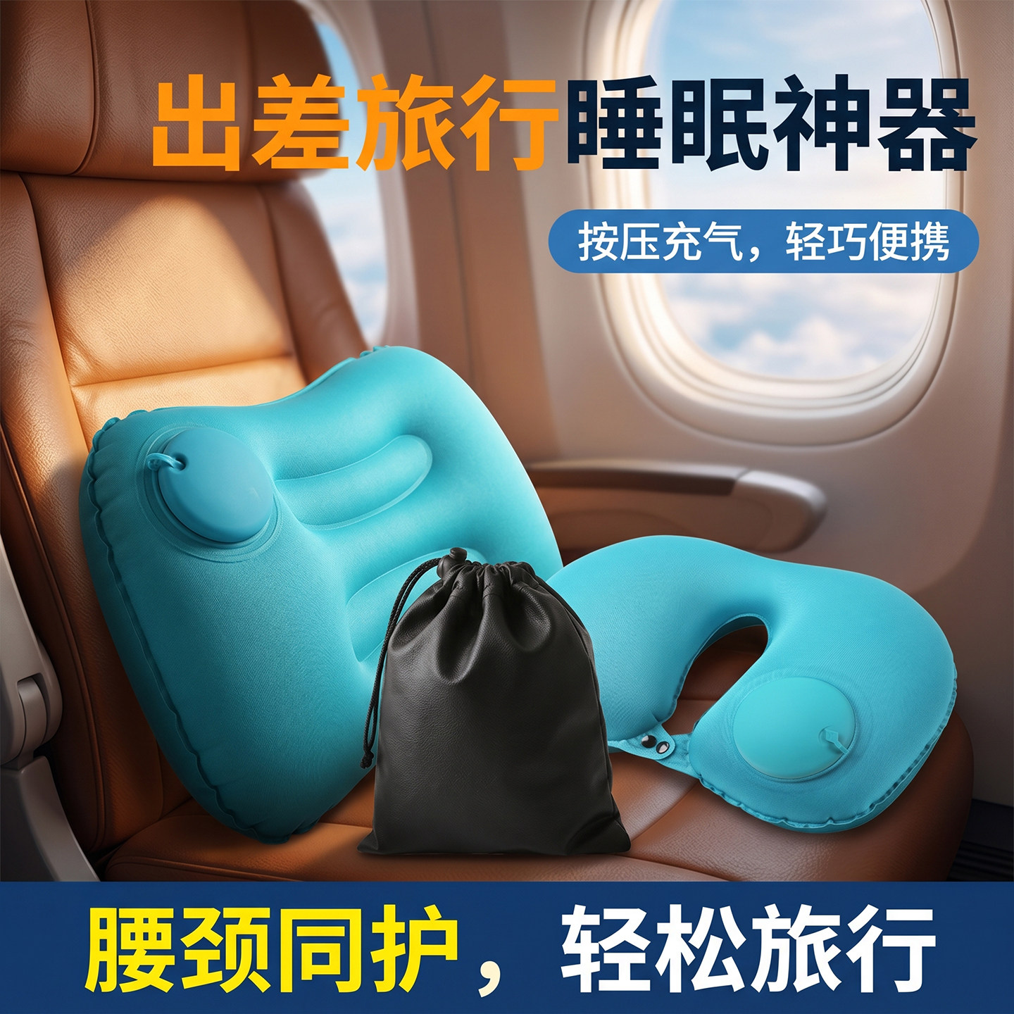 旅行便携充气护颈腰枕套装图片