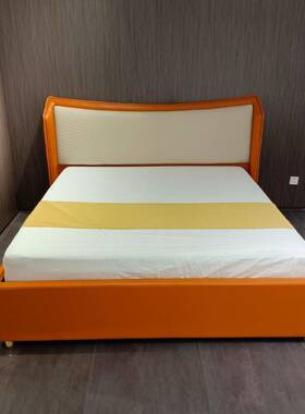 简奢婚床菱形纹理靠内38668嵌背双式框架1.8白米主卧人橙撞色皮床