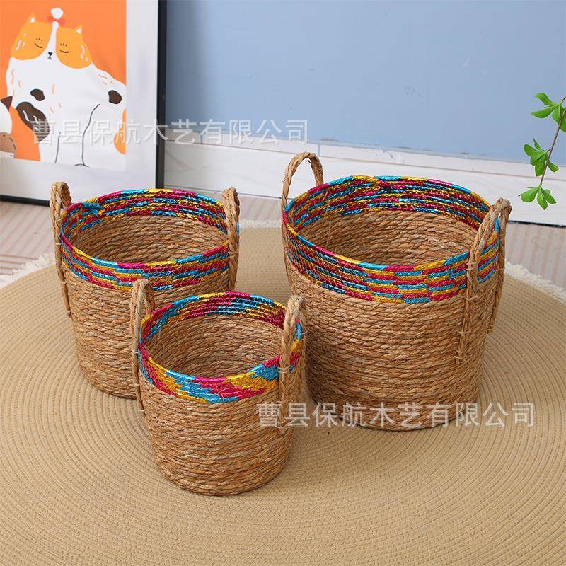 田园蒲编草织服手工花篮带提手藤风编装饰/花盆大号脏衣筐衣收纳