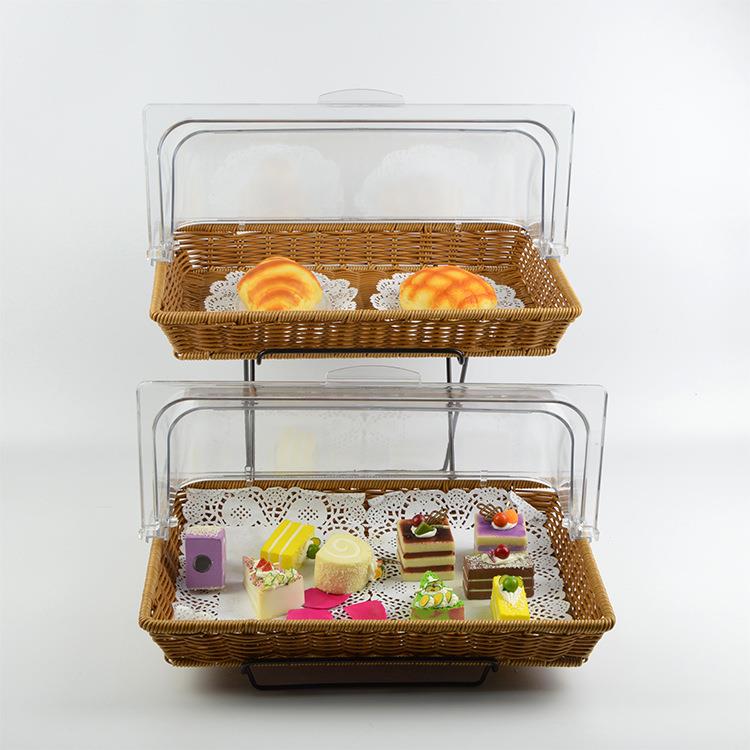 层面包篮带透盖点心糕DEF展蛋示盘仿藤双编织筐托盘明罩翻盖篮子