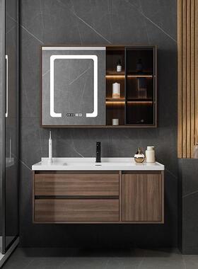 现中式胡桃色浴室柜组合|壁挂式化妆镜|1XNH陶级环保|代实木瓷E一