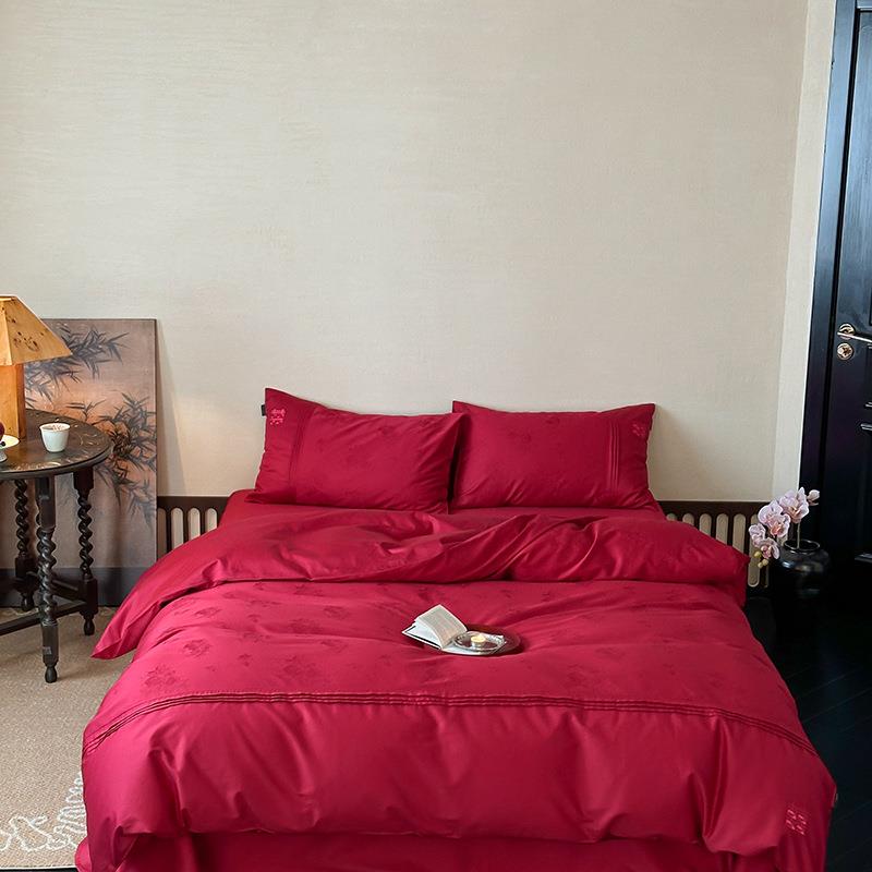 婚庆结婚大红色00长绒1127棉提件花s四件套陪嫁出嫁全棉四套