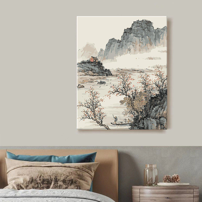 成人解压数字油画diy填充手绘手工填色涂色玄关油彩画 古风水墨画