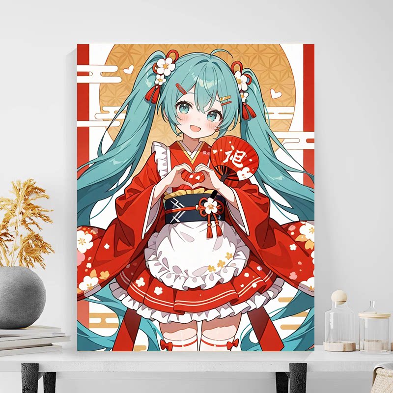 初音未来数字油画动diy填色手工填色手绘油彩丙烯颜料减压肌理画
