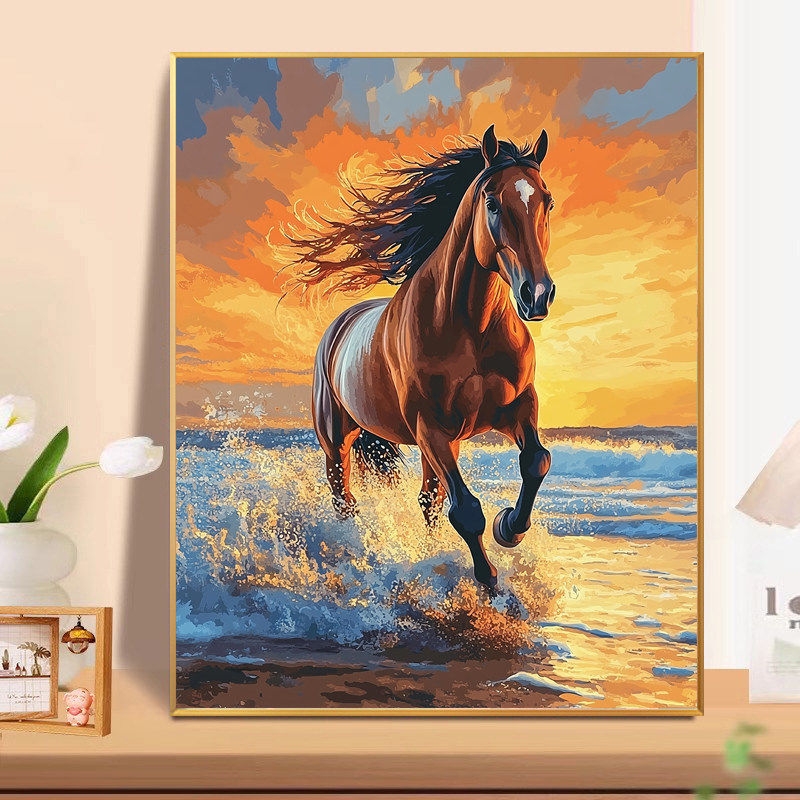 成人解压画数字油画diy填充手绘手工填色涂色玄关油彩画 骏马奔腾