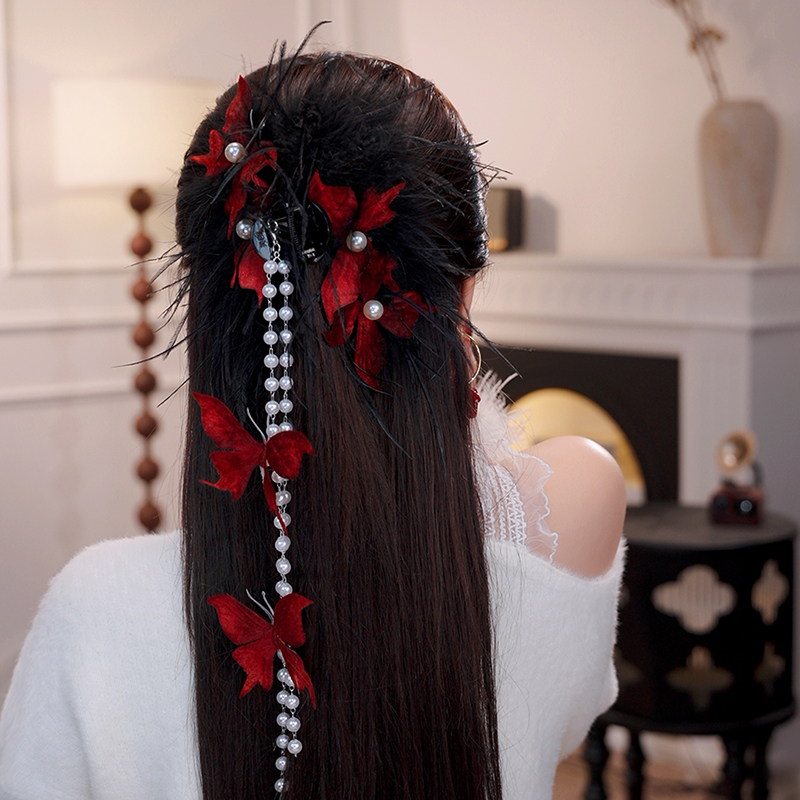 时宴泡芙 枯叶蝶复古羽毛发夹气质显发量流苏发饰古风精致发卡