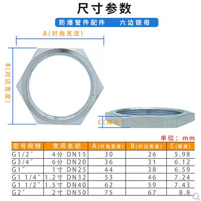碳钢镀锌白六角防爆锁紧螺母DN15DN20DN25根母穿线管挠性管接头50