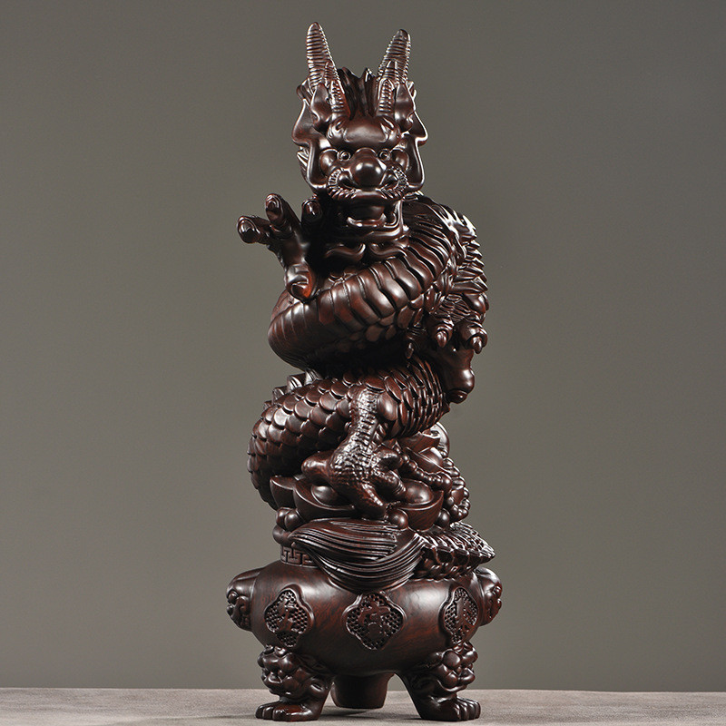 红色新中式十二生肖龙摆件木雕盘龙家居客厅办公桌面装饰工艺礼品