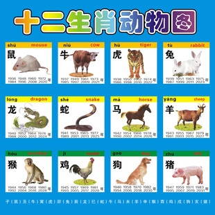 十二生肖动物海报画小鼠牛虎兔龙蛇马羊猴鸡狗猪属相图片墙贴纸画