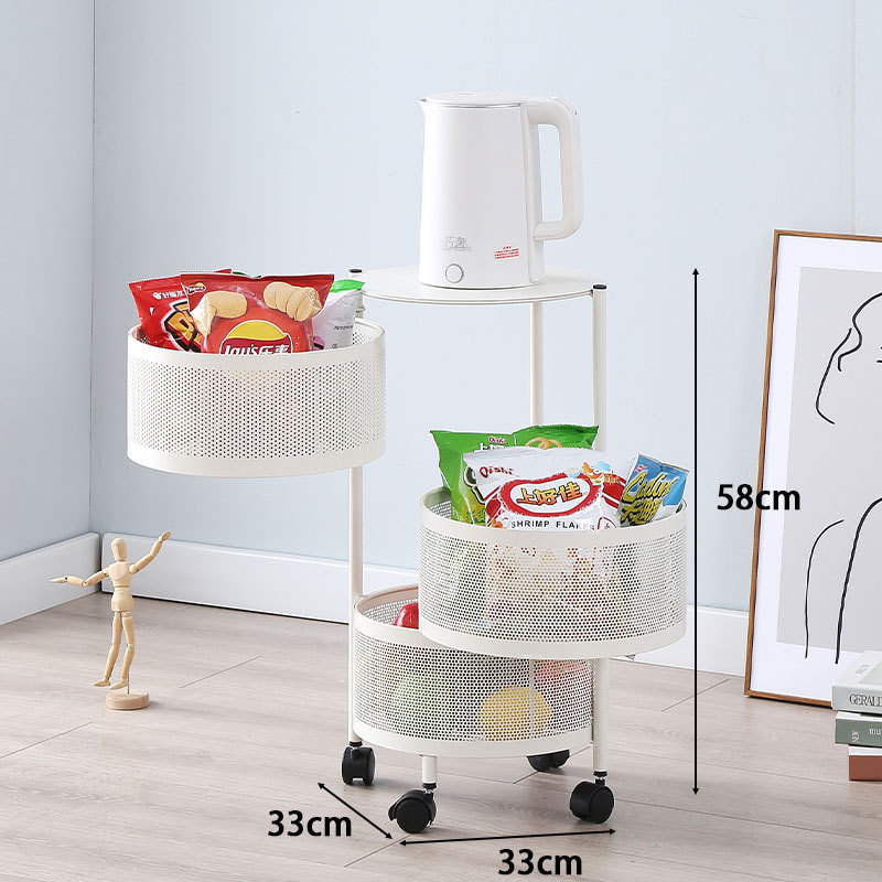 厨房旋转置物架家用碳钢多层菜篮透气落地可移动小推车零食架