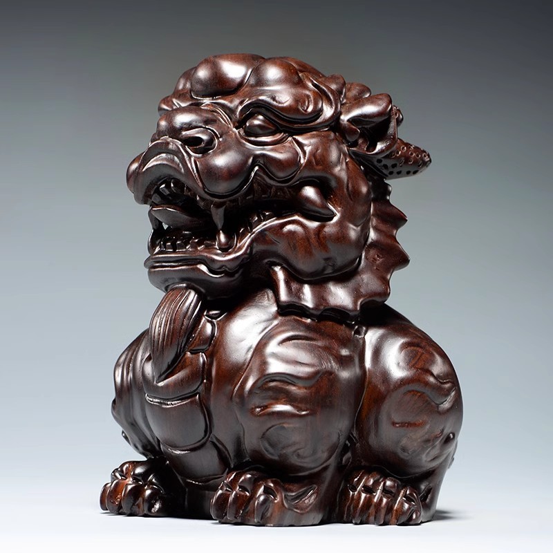 黑檀木雕麒麟摆件木制麒麟一对木头家居客厅开业公司装饰玄关送礼