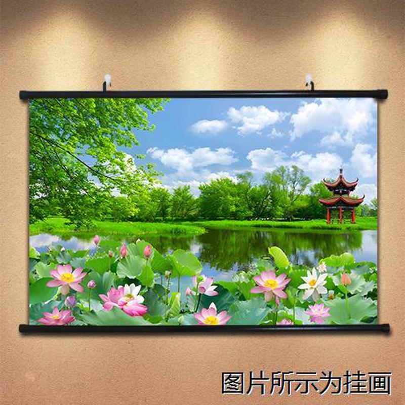 人间仙境仙家佛堂背景墙客厅海报装饰画荷花绿树挂画山水画自粘画图片