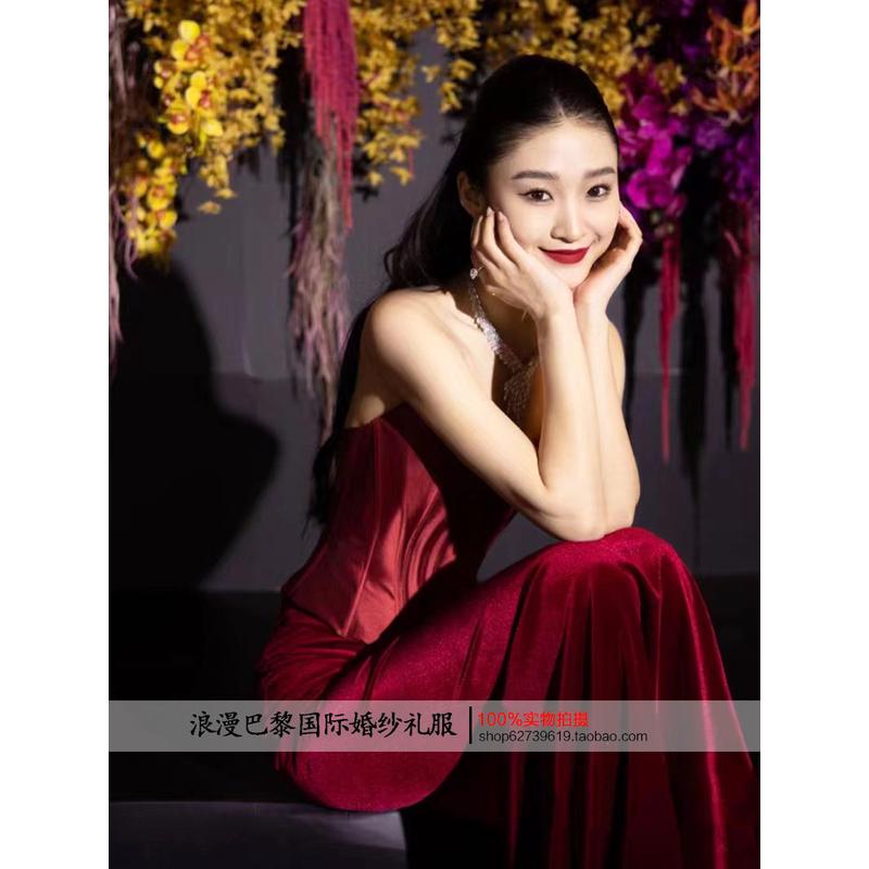 新品红色抹胸鱼尾晚礼服小众复古简约气质名媛回门答谢新娘缎面敬