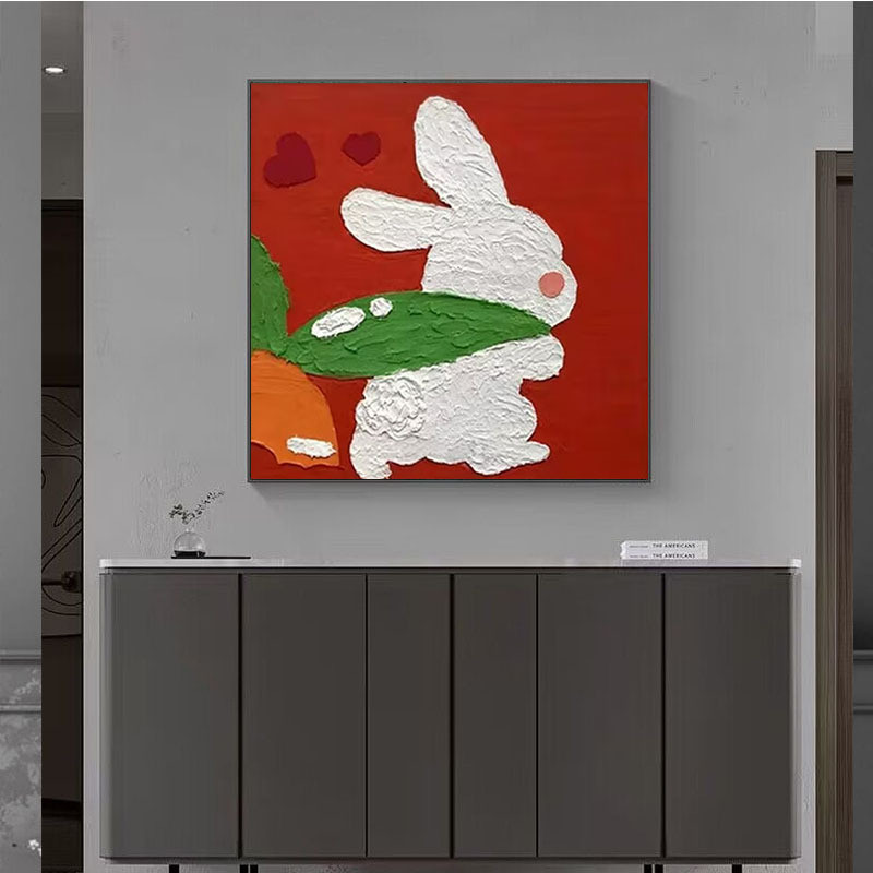 手工油画小众正方形儿童房装饰画画动物肌理卡通餐厅酒店挂画成品图片