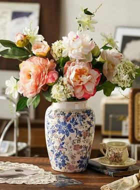 复古青花绿植冰裂烧花陶罐花瓶鲜花器花插陶釉中式古典软装