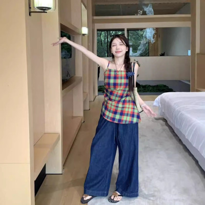 美式复古黄色格子吊带外穿背心女夏季辣妹不规则别致褶皱无袖上衣