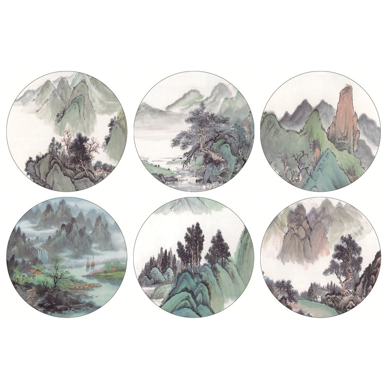 新中式圆形卧室沙发背景墙玄关国画客厅装饰画画布画芯水墨山水画图片