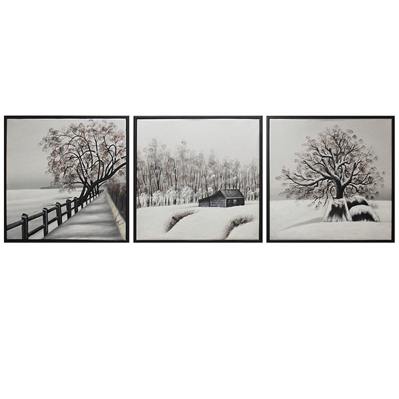 大芬工厂新中式手绘油画现代简约直销客厅会所黑白雪景三联装饰画