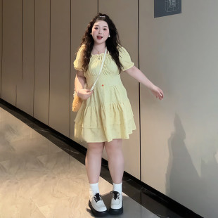 连衣裙夏季 速发高品质大码 波点方领泡泡袖 女装 微胖mm显瘦收腰 法式