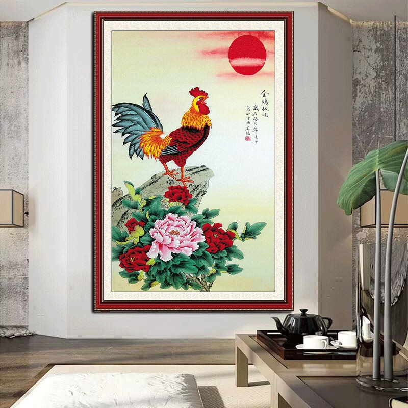 日出东方金鸡报晓富贵吉祥雄鸡打鸣装饰海报玄关过道风水壁画自粘图片