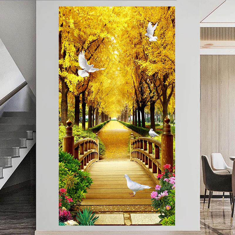 新中式入户自粘竖版玄关贴画墙贴山水画风景过道走廊窗户海报壁画